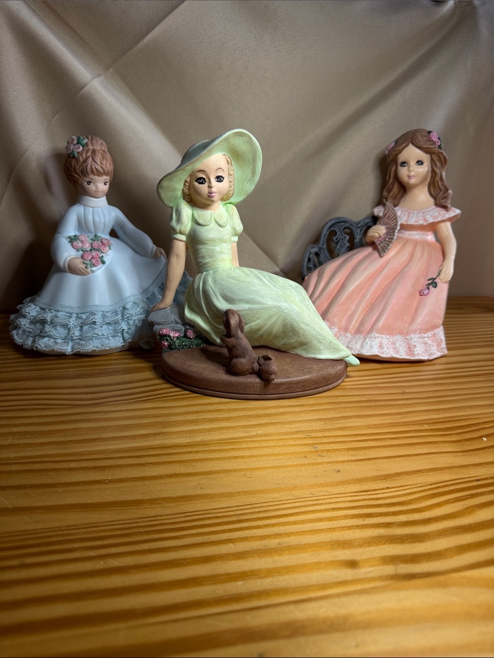 VTG 1989 Signed Ceramic Figurine Bundle - Pink, Green, Blue Gowns Set of 3